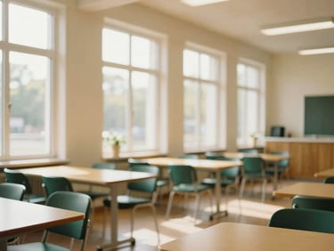 Warm editorial medium shot of a clean, bright modern community space with warm natural light pouring through large windows, soft focus, shallow depth of field, 35mm