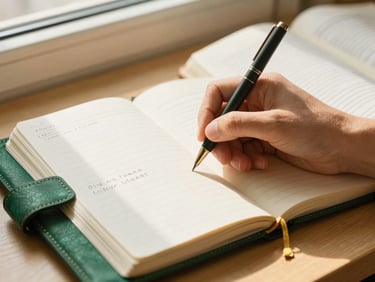 A close-up of a student's hand writing notes in an elegant leather notebook next to an open textbook, warm golden lighting