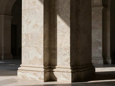 Architectural wedding venue in deep shadow, sharp directional light highlighting stone textures.
