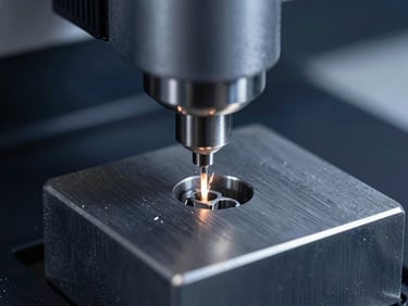 Macro close-up of a Wire EDM machine cutting a hardened steel block, showing the fine wire and spark discharge, crisp industrial product photography, cool studio lighting.