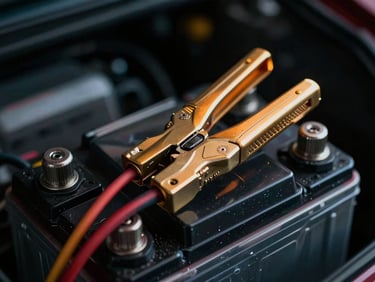 Close-up of car battery terminals with heavy-duty jumper cables attached, dramatic lighting, shallow depth of field
