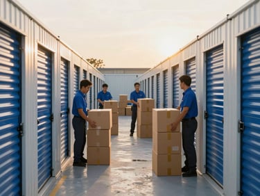 Pristine, well-lit storage facility with rows of secure, climate-controlled units, professional movers organizing boxes.