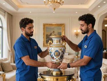 Uniformed Movers E UAE specialists carefully wrapping a high-end antique vase inside a luxury villa, bright indoor lighting, gold accents.