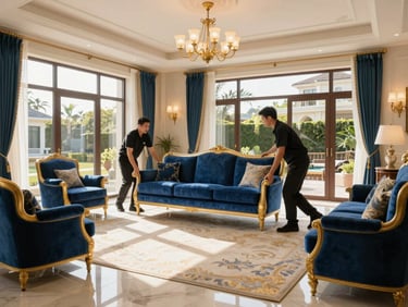 Interior of a luxurious, spacious villa living room with high-end furniture, professional movers carefully moving a large sofa, bright lighting.