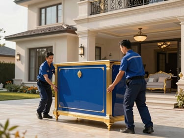 Professional uniformed movers carefully securing high-end furniture in a luxury villa, bright commercial lighting, royal blue and gold accents.