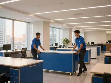 Professional Movers E UAE team moving office furniture in a modern Dubai office building, clean crisp indoor lighting.