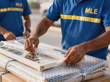 Close-up of uniformed Movers E UAE specialist carefully wrapping a fragile art piece with bubble wrap and custom packing materials, sharp depth of field, bright commercial lighting.