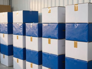 Pristine, well-lit storage facility with neatly stacked, securely packed moving boxes, royal blue and white colors.