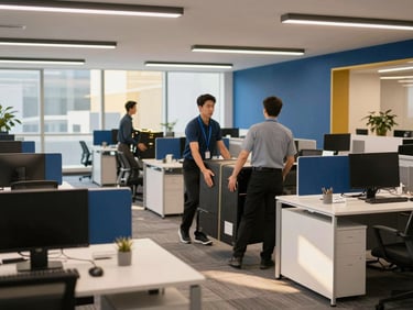 Modern corporate office space with sleek desks and computers, professional movers carefully packing office equipment, bright commercial lighting.