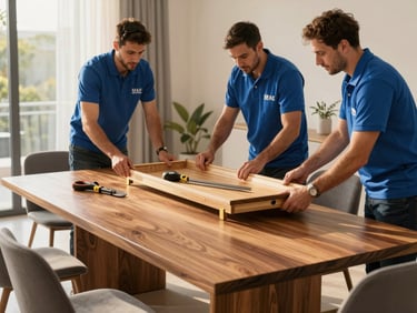 Professional Movers E UAE team carefully disassembling a large, modern wooden dining table, specialized tools, clean indoor lighting.