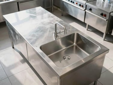 Overhead architectural shot of an immaculate stainless steel commercial kitchen prep line under bright morning daylight, geometric precision, zero clutter.