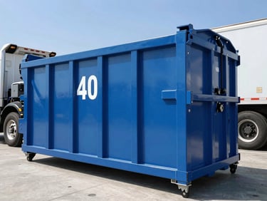 Low-angle heroic shot of a clean, branded 40-yard roll-off dumpster with a heavy truck in the background, bright California daylight, sharp focus.