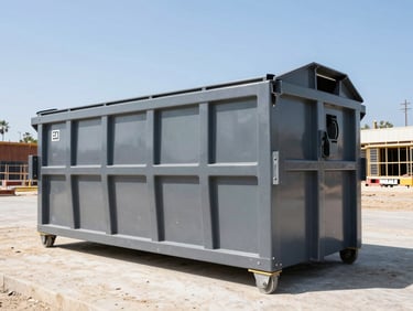 Low-angle heroic shot of a clean, branded 20-yard roll-off dumpster on an organized construction site, bright California daylight, sharp focus.