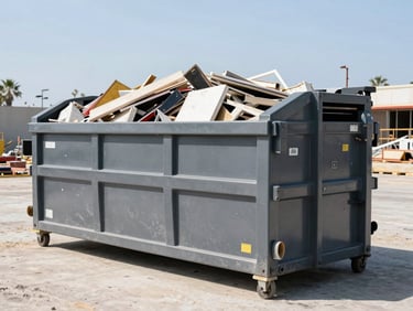 Wide-angle shot of a clean, branded roll-off dumpster on a San Diego construction site, filled with mixed construction debris, bright California daylight, sharp focus.