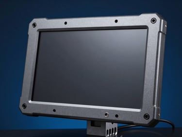 Rugged industrial touch monitor with heavy duty metal chassis, rear VESA mount slots visible