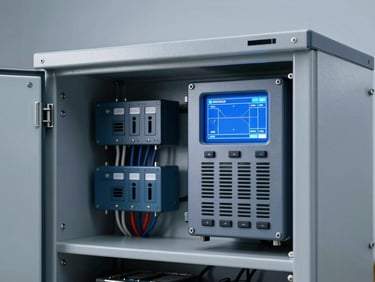 Industrial computer chassis in a rugged outdoor energy distribution cabinet, technical wiring, cool daylight lighting.