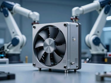 Heavy-duty industrial fanless box PC installed on an automotive assembly line, robot arms blurred in background, cool studio lighting.