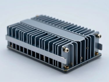 Fanless industrial box PC with heavy aluminum cooling fins, macro shot showing heat dissipation design