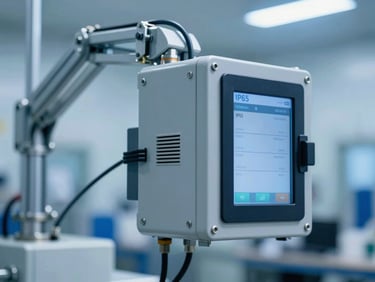 IP65 rated industrial touch panel PC mounted on a steel arm in a manufacturing plant, clean blue lighting