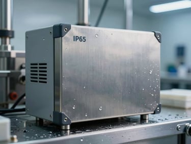 Rugged stainless steel IP65 panel PC mounted on a clean food processing line, metallic textures, water droplets, clinical lighting.
