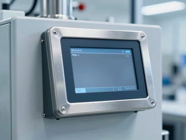 Stainless steel touch panel PC mounted on a clinical pharmaceutical production line, cleanroom environment, soft white lighting.