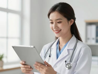 Close-up of a professional female doctor holding a digital tablet, smiling warmly in a bright modern clinic room, soft natural lighting