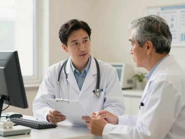 Two medical specialists discussing a patient case file near modern clinical equipment, soft warm lighting, professional setting