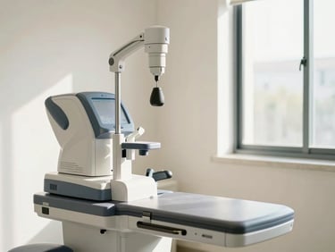 Modern medical diagnostic equipment in a clean, bright clinic room with soft natural light streaming through a window