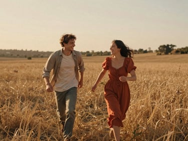 Cinematic wide shot of a young couple laughing and running through a sun-drenched meadow during golden hour, warm natural light, shallow depth of field, 35mm film texture