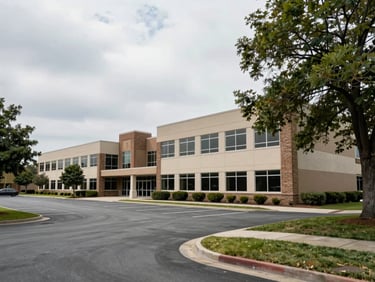 Wide shot of a suburban office campus, low-angle natural daylight across a two-story building, parking field visible at left, mature trees framing the right edge, overcast flat light