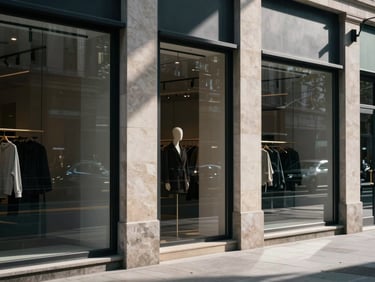 Close architectural detail of a mixed-use retail storefront, cool window light casting sharp shadows across masonry pilasters, ground-floor glazing reflecting the street, no people