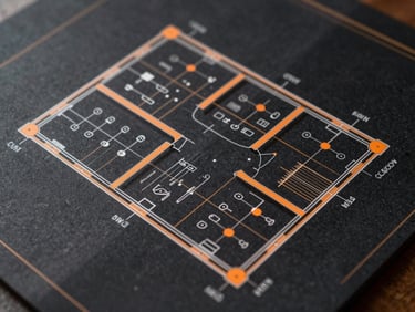 Detailed architectural floor plan showing clean electrical symbols and automated lighting zones, layered over a dark background with orange accents.