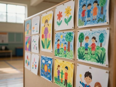 Close-up of student artwork pinned to a display board, colorful paintings and collages in a school gymnasium, warm natural light from high windows, candid documentary framing