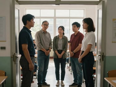 Small group of parents and a teacher standing in a classroom doorway, morning window light, students visible working at desks behind them, candid and documentary, no posed expressions