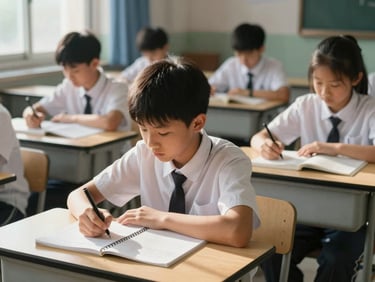 Middle school students ages 12-14 working independently at desks, one student writing in a notebook, another reading, afternoon window light casting long shadows, quiet focused atmosphere, candid