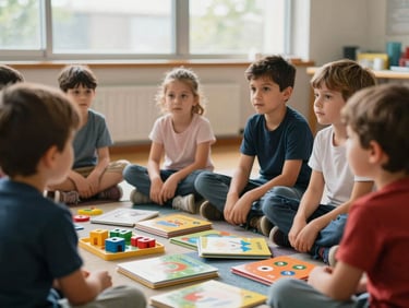 Close-up of young children ages 5-7 sitting on a classroom rug, listening intently, natural daylight from a nearby window, colorful books and manipulatives on the floor, candid and warm, documentary style