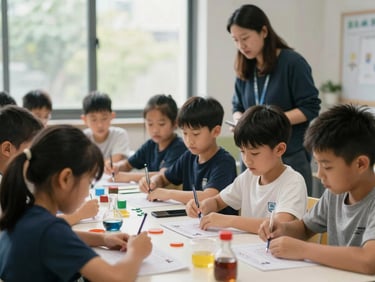 Elementary-age students ages 8-11 working in small groups around a table covered with science materials, natural window light, focused expressions, teacher circulating in background, candid documentary framing