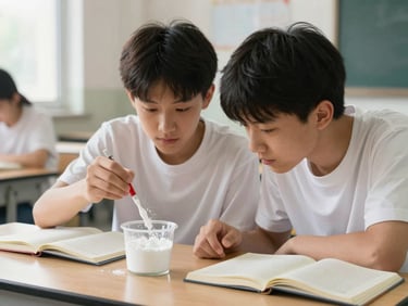 Two students leaning over a table examining a baking soda and vinegar experiment, notebooks open beside them, classroom daylight, focused expressions, no posed smiling