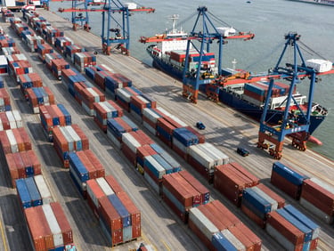 Bird's-eye view of a major container terminal with dozens of stacked intermodal containers in organized rows, a cargo vessel docked at the quay, port cranes overhead, natural daylight illuminating the operational scale of the facility