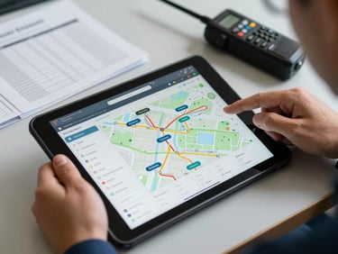 Close-up of a logistics coordinator's hands reviewing a digital supply chain dashboard on a tablet at a warehouse operations desk, route maps and shipment status indicators visible on screen, organized paperwork and a radio in the background