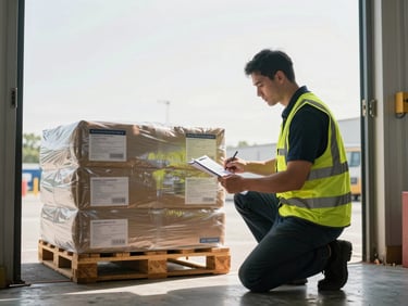 Ground-level photograph of a logistics worker in high-visibility vest inspecting a cargo manifest beside a loaded pallet on a warehouse dock, natural daylight from an open bay door illuminating the scene, freight labels and barcodes visible on packages
