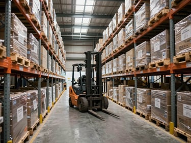 Wide interior shot of a large organized warehouse, rows of metal shelving stacked with labeled pallets, a forklift in motion in the central aisle, north-facing skylights casting even daylight across the floor, inventory labels clearly visible on racking