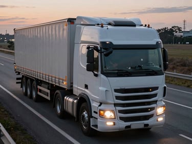 Close-up overhead shot of a heavy-duty freight truck cab on a wide motorway at dusk, cargo trailer visible behind, headlights cutting through low light, road stretching toward the horizon with industrial infrastructure in the background