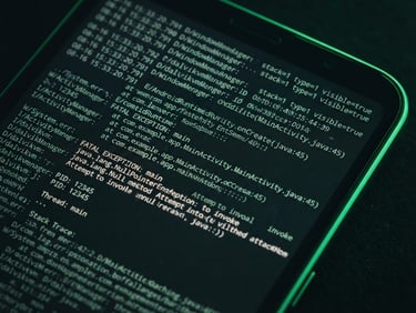 Extreme close-up of an Android device screen displaying a bug report interface with monospace text, under moody studio lighting with a sharp green rim light.