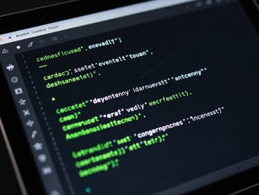 Close-up of a dark-themed Android terminal emulator UI on a tablet, showing monospace code, with bright green cursor and subtle geometric lines, moody studio lighting.