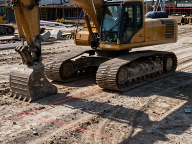 A heavy excavator in motion on a graded construction site, laser levels casting horizontal red lines across the dirt, high-contrast morning sunlight, gritty industrial photography