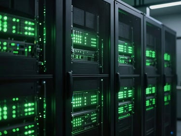 Abstract architectural details of modern data center, glowing green server lights, 35mm