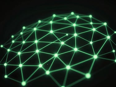 Glowing green network graph on a dark screen, abstract cybernetic lighting, 35mm