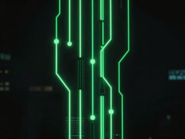 dark atmospheric photography, glowing neon green data nodes, low-key cybernetic lighting, ultra-modern corporate aesthetic, 35mm