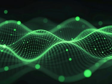 Abstract low-key visualization of data nodes and waves, neon green accents, dark background, 35mm